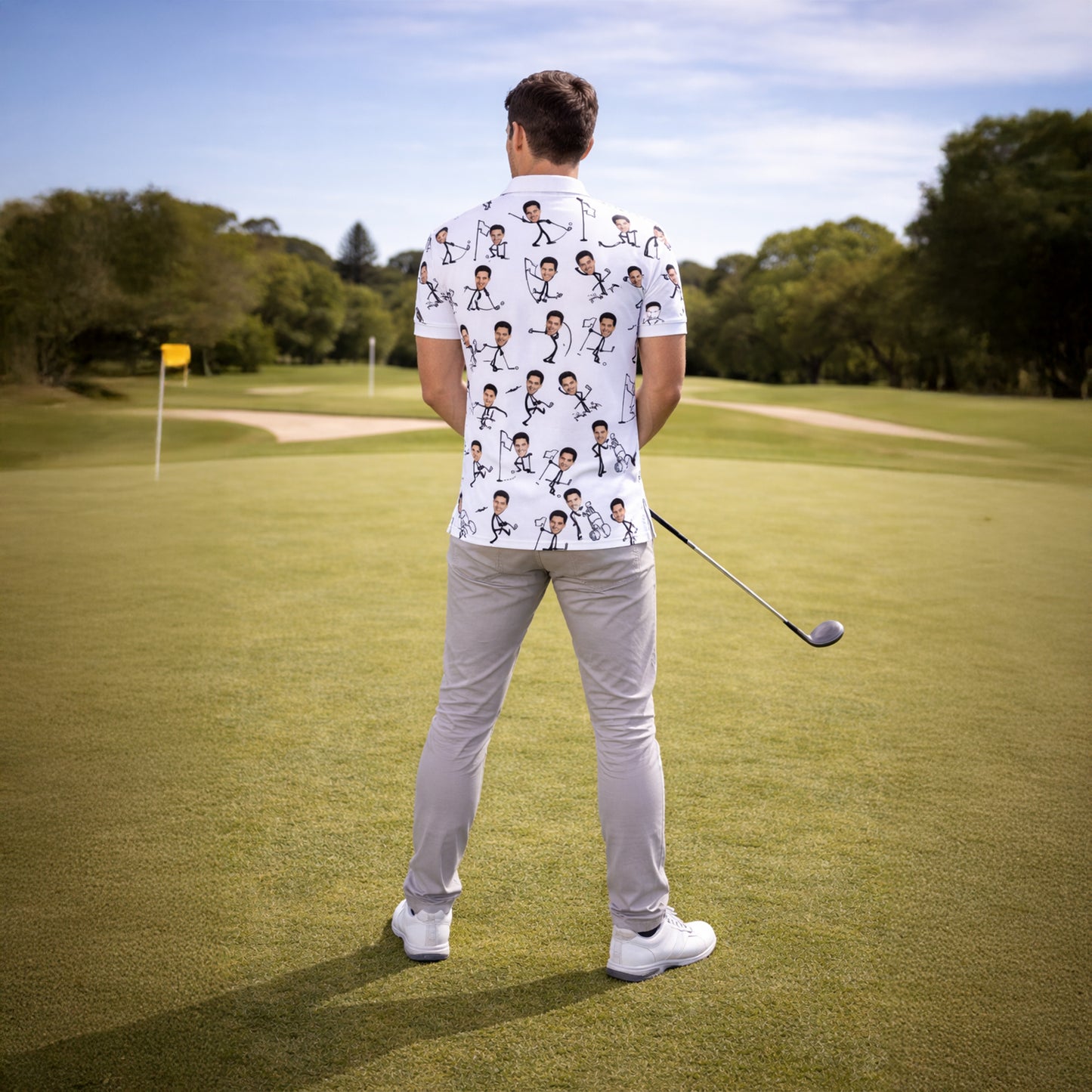 Custom Face Stick Figure Golfer Mens Polo Shirt White