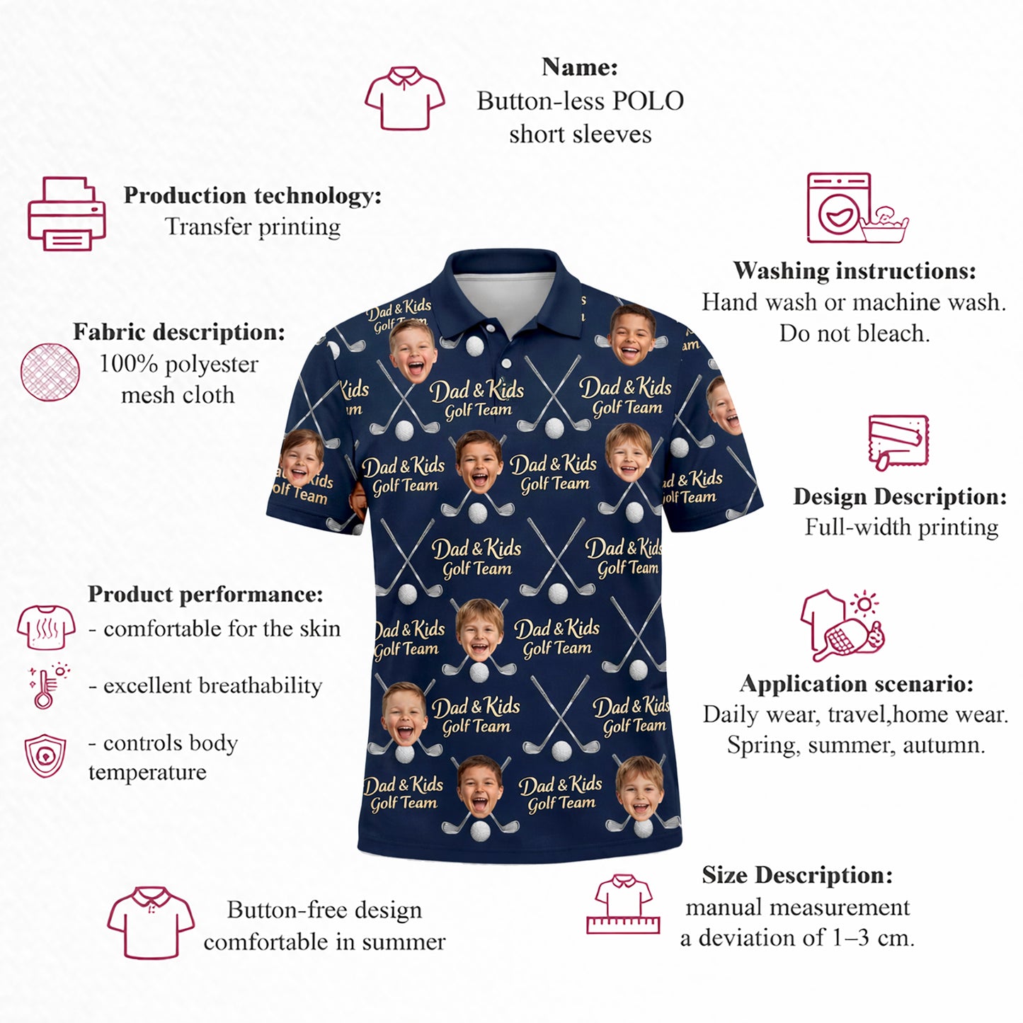 Dad and Kids Golf Team Custom Photo Face Polo Navy