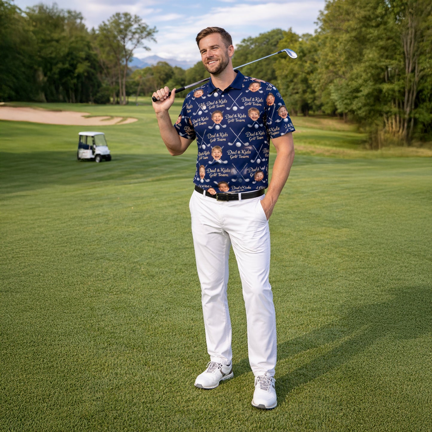 Dad and Kids Golf Team Custom Photo Face Polo Navy