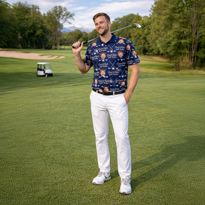 Dad and Kids Golf Team Custom Photo Face Polo Navy