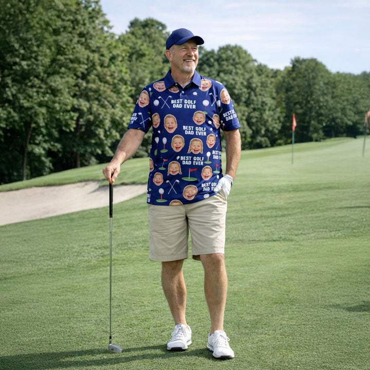 Best Golf Dad Custom Face Navy Blue Polo Shirt Men