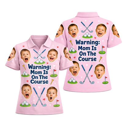 Custom Kids Photo Warning Mom On Course Golf Polo Pink