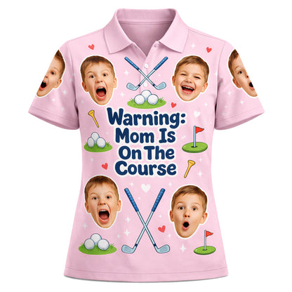 Custom Kids Photo Warning Mom On Course Golf Polo Pink