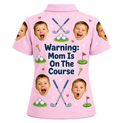Custom Kids Photo Warning Mom On Course Golf Polo Pink