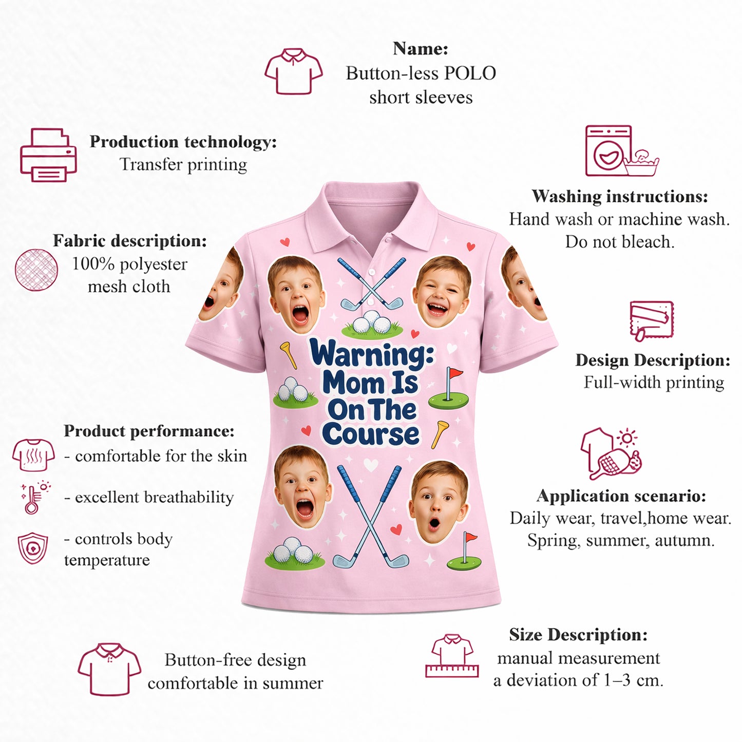 Custom Kids Photo Warning Mom On Course Golf Polo Pink