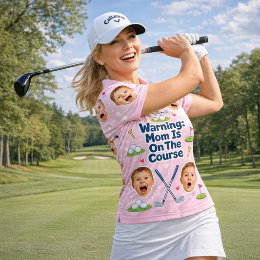Custom Kids Photo Warning Mom On Course Golf Polo Pink