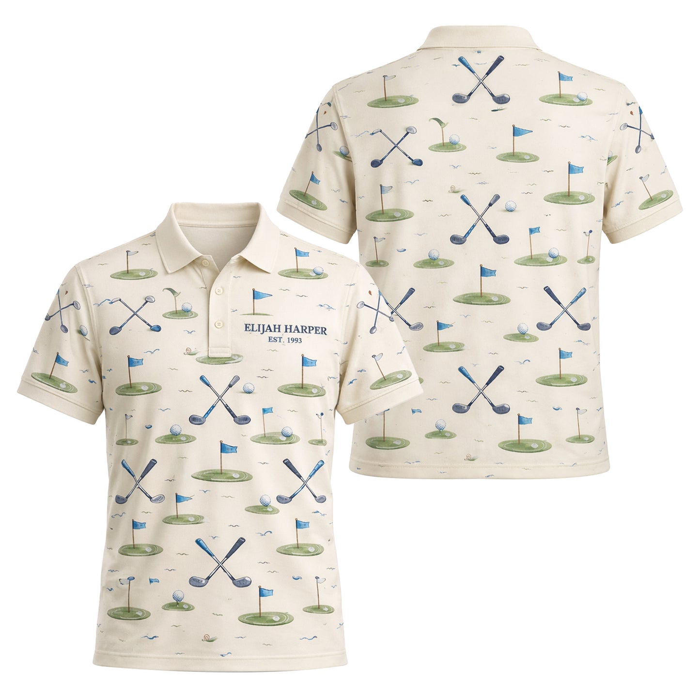 Custom Name Est Year Watercolor Golf Polo Cream Beige