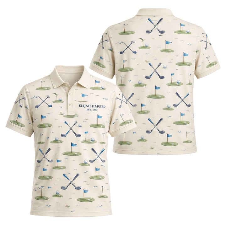 Custom Name Est Year Watercolor Golf Polo Cream Beige