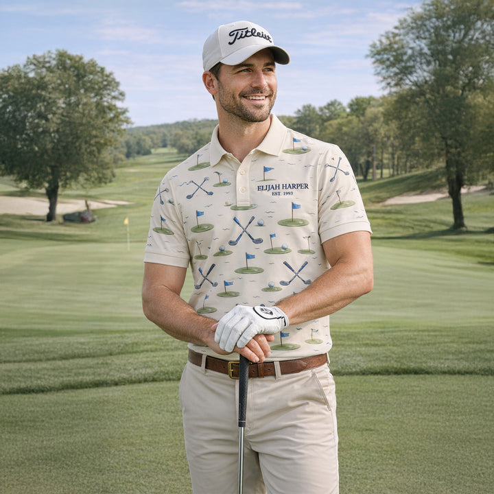 Custom Name Est Year Watercolor Golf Polo Cream Beige