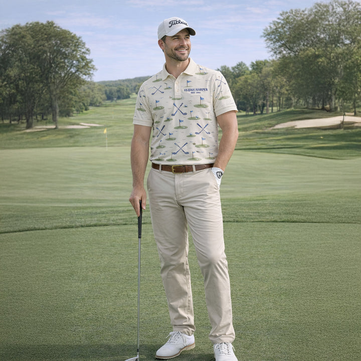 Custom Name Est Year Watercolor Golf Polo Cream Beige