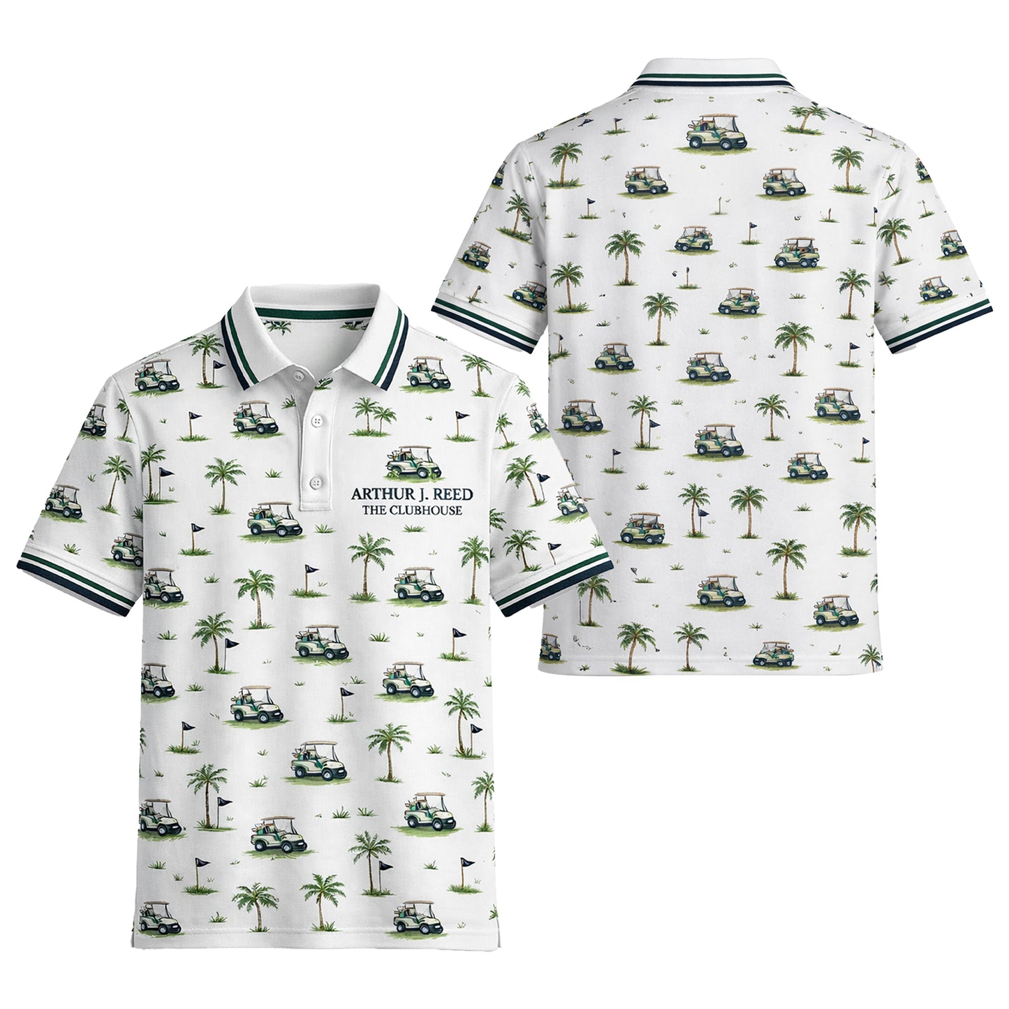 Custom Name Golf Cart Palm Tree Clubhouse Polo White