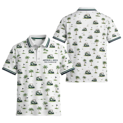 Custom Name Golf Cart Palm Tree Clubhouse Polo White