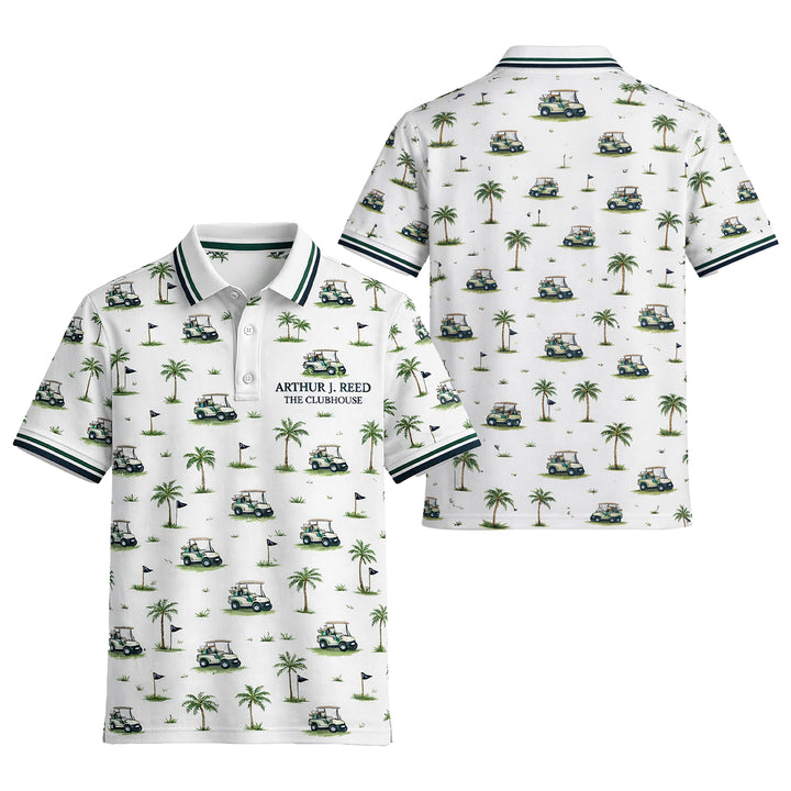 Custom Name Golf Cart Palm Tree Clubhouse Polo White