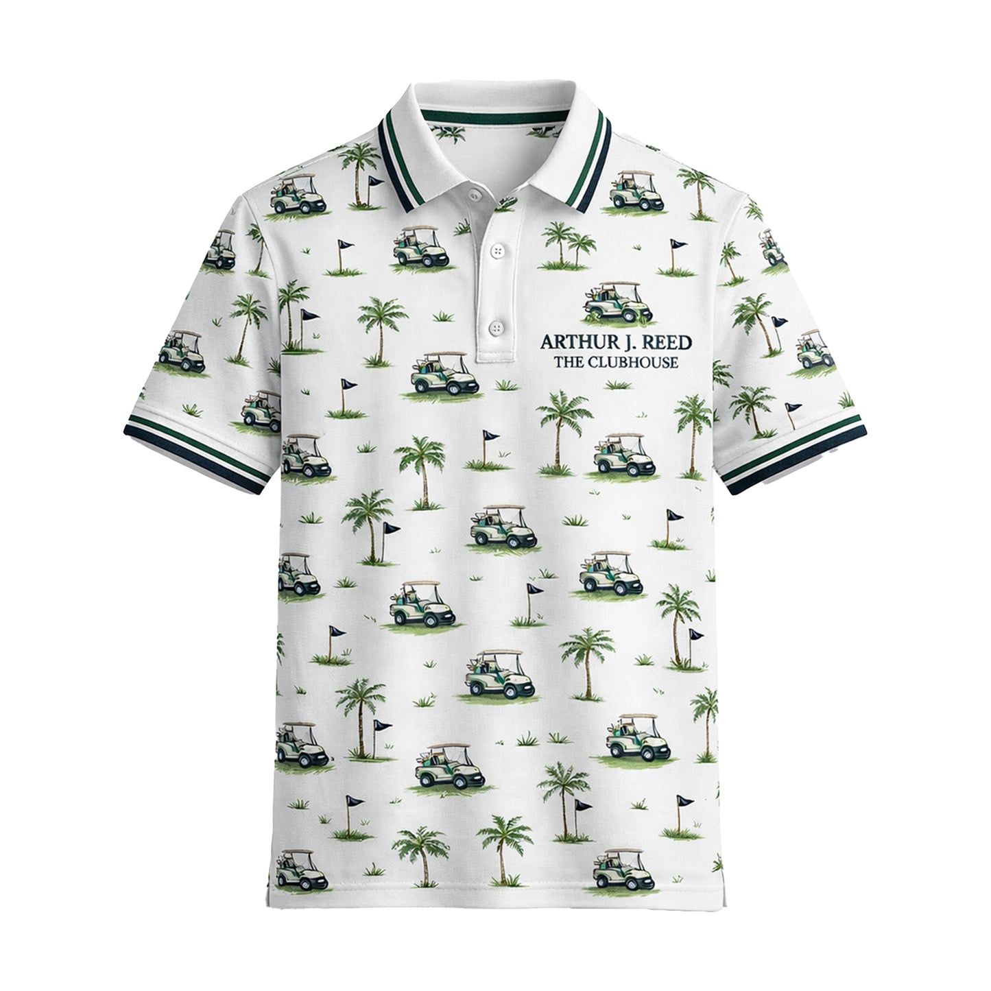 Custom Name Golf Cart Palm Tree Clubhouse Polo White
