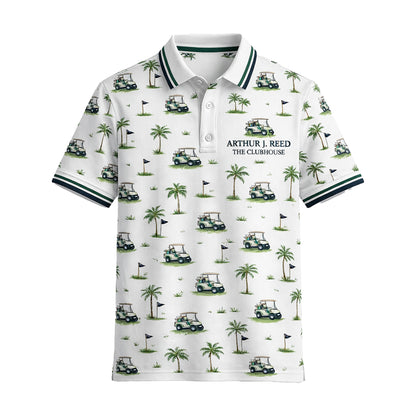 Custom Name Golf Cart Palm Tree Clubhouse Polo White