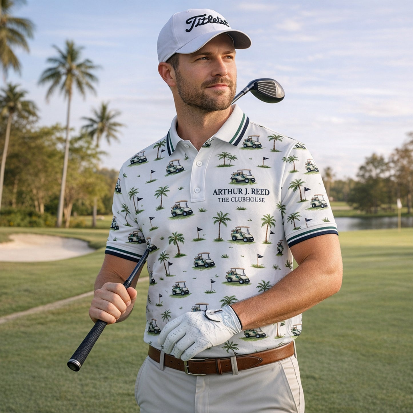 Custom Name Golf Cart Palm Tree Clubhouse Polo White