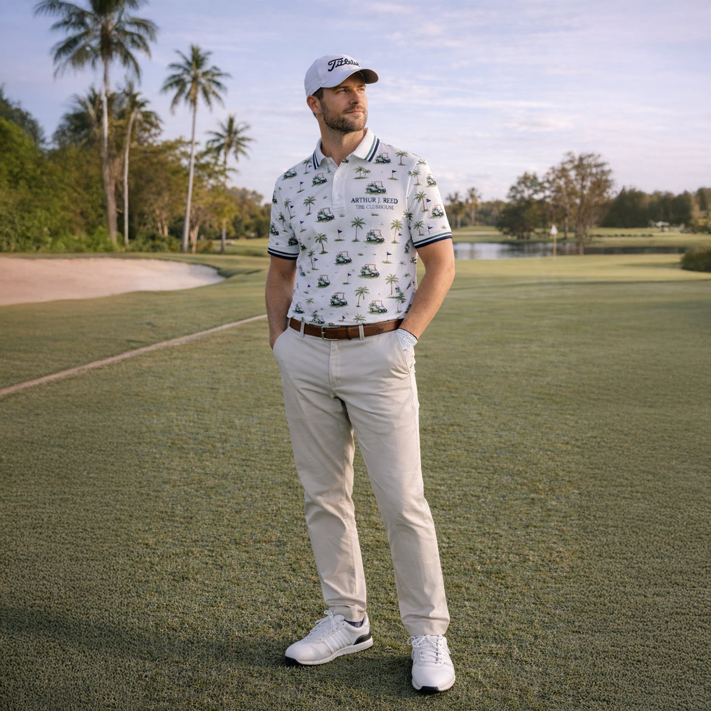 Custom Name Golf Cart Palm Tree Clubhouse Polo White
