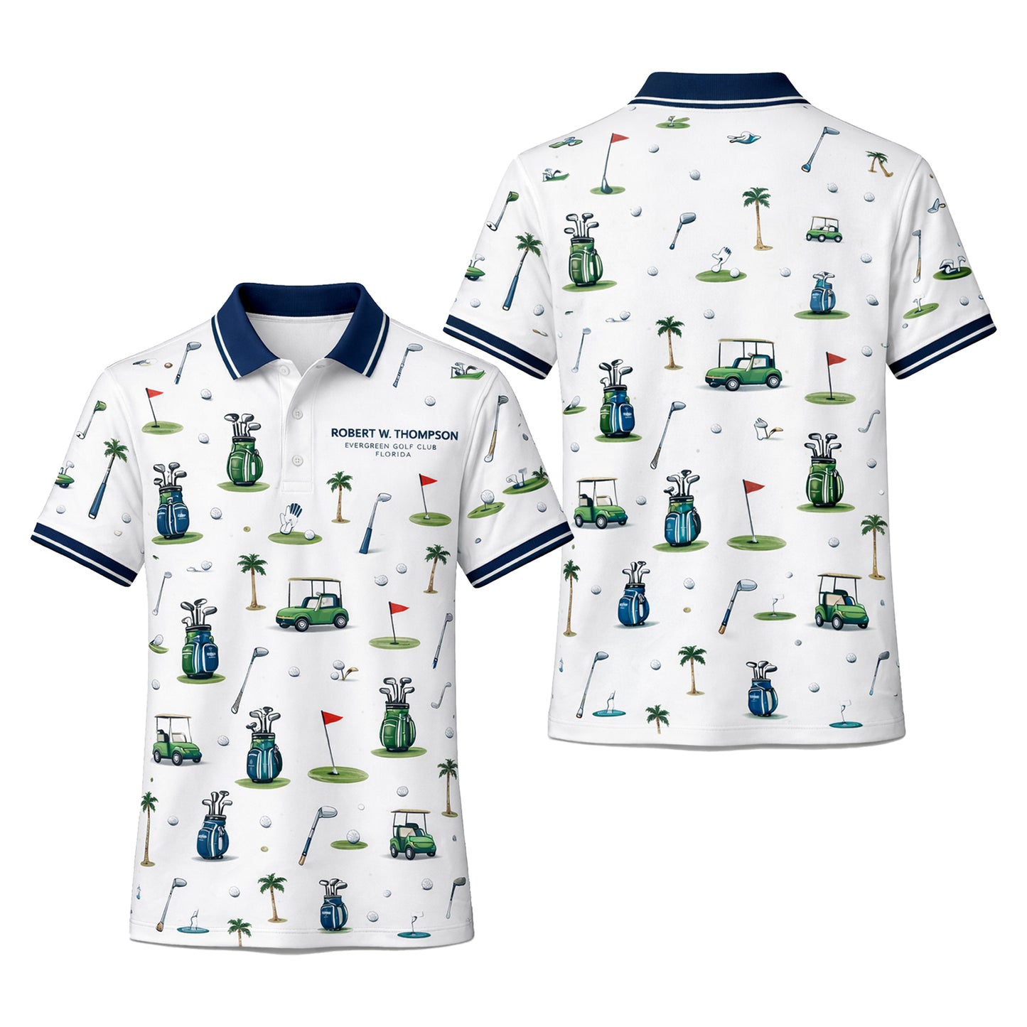 Custom Name Golf Club Pattern Mens Polo White Navy