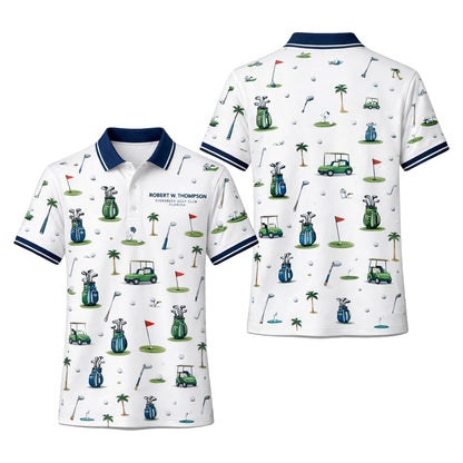 Custom Name Golf Club Pattern Mens Polo White Navy