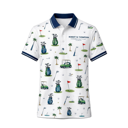 Custom Name Golf Club Pattern Mens Polo White Navy
