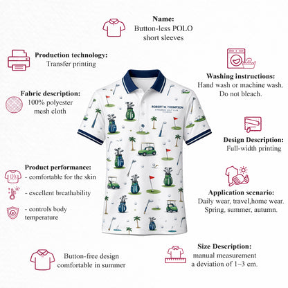Custom Name Golf Club Pattern Mens Polo White Navy