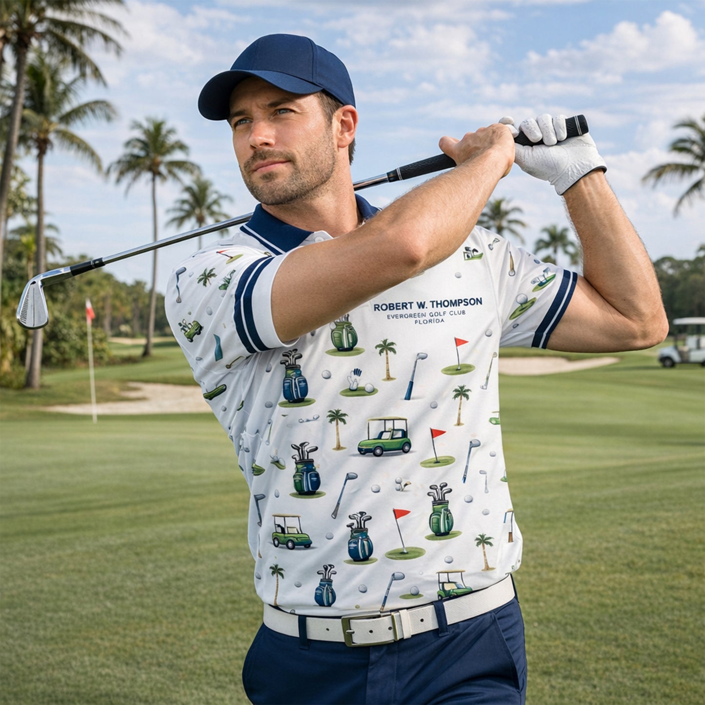 Custom Name Golf Club Pattern Mens Polo White Navy