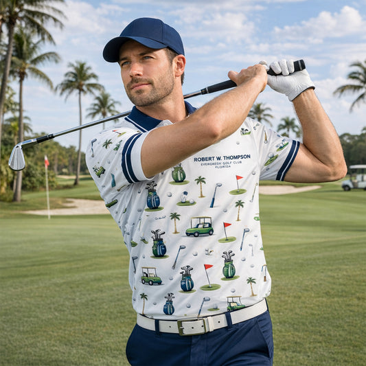 Custom Name Golf Club Pattern Mens Polo White Navy