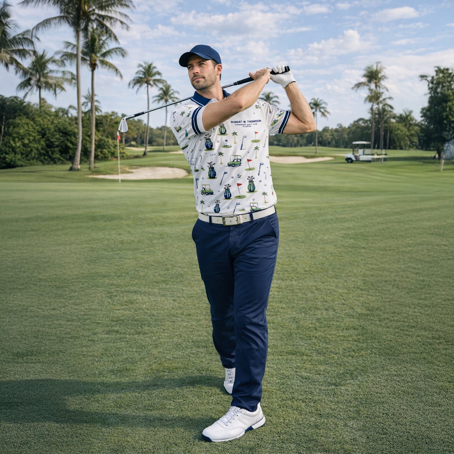 Custom Name Golf Club Pattern Mens Polo White Navy