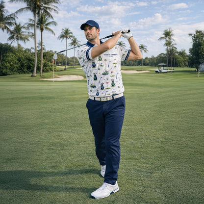 Custom Name Golf Club Pattern Mens Polo White Navy