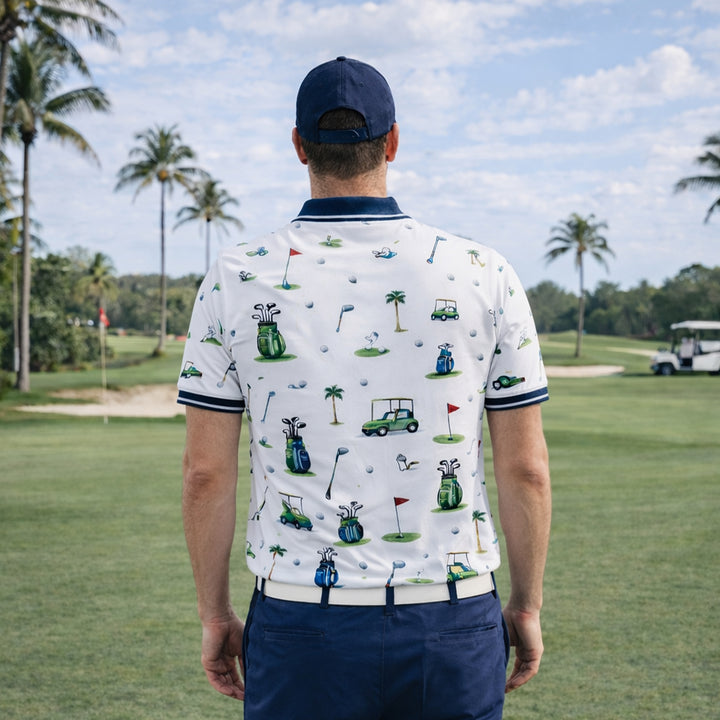 Custom Name Golf Club Pattern Mens Polo White Navy