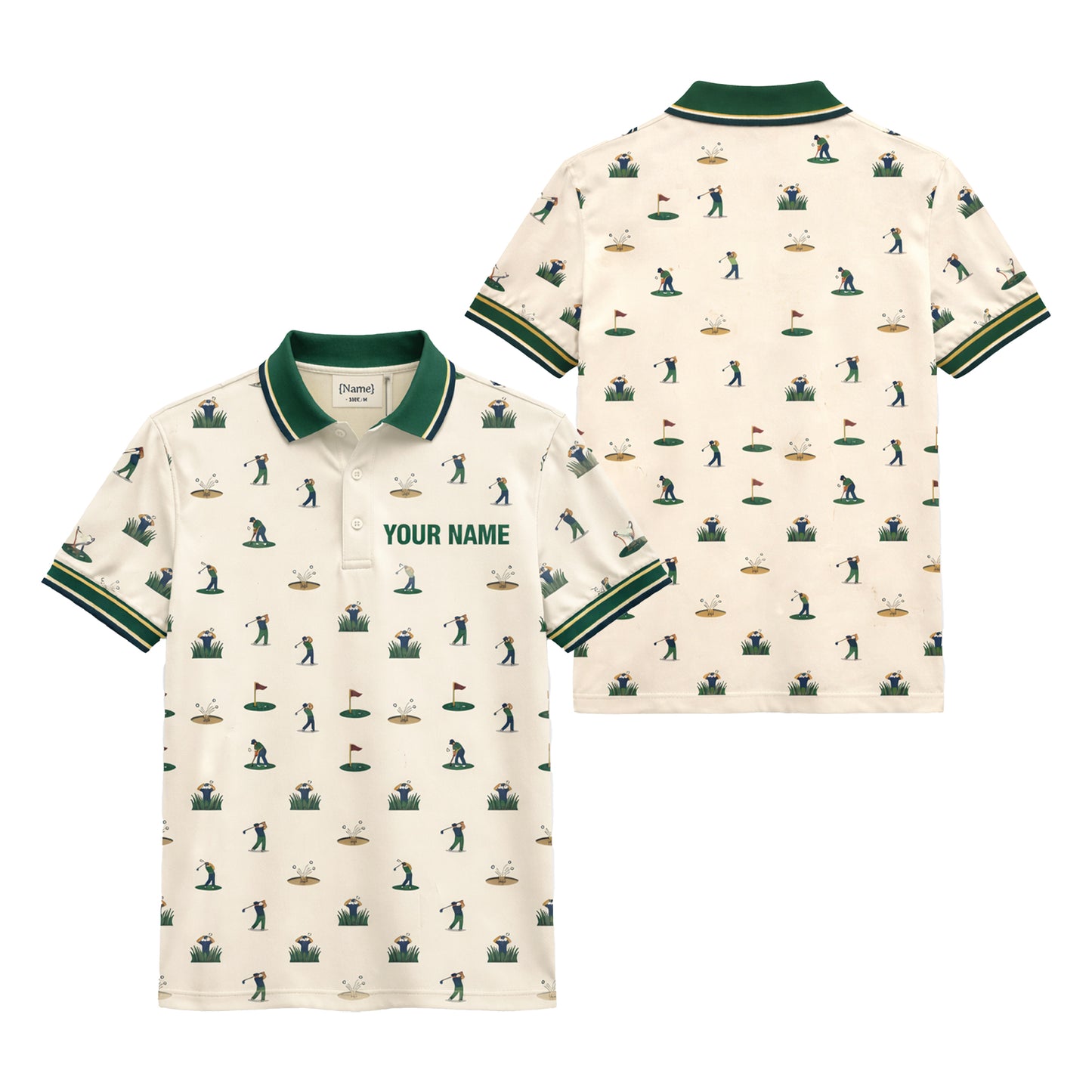 Vintage Golfer Pattern Custom Name Polo Cream Green