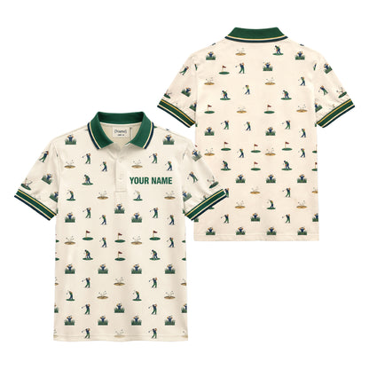 Vintage Golfer Pattern Custom Name Polo Cream Green