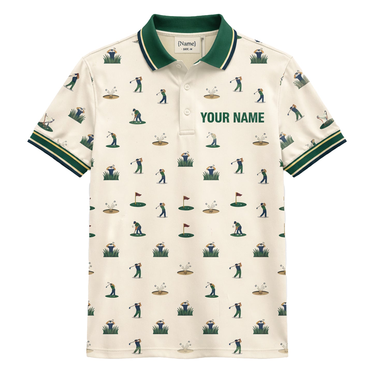 Vintage Golfer Pattern Custom Name Polo Cream Green