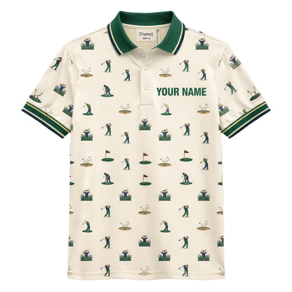 Vintage Golfer Pattern Custom Name Polo Cream Green