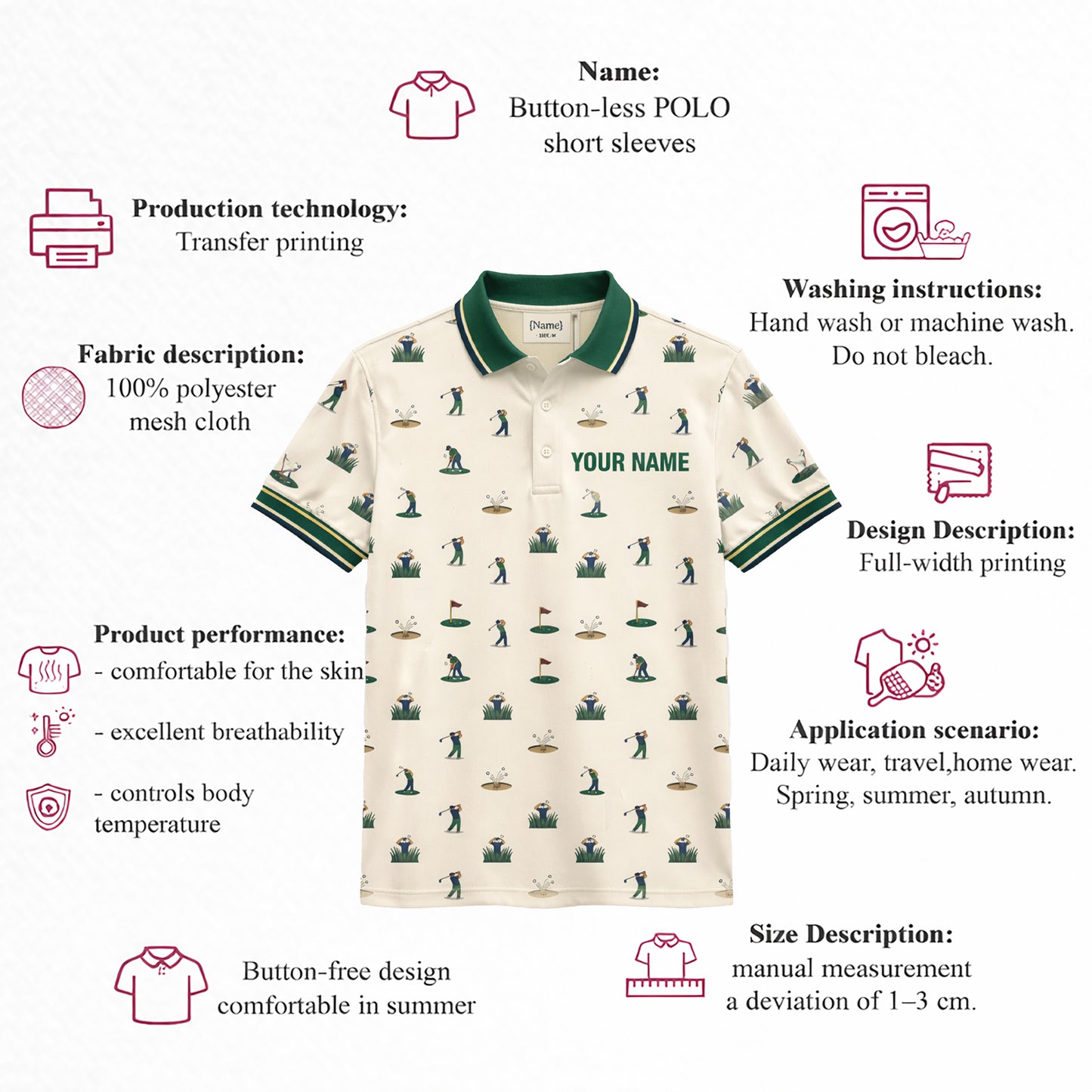 Vintage Golfer Pattern Custom Name Polo Cream Green