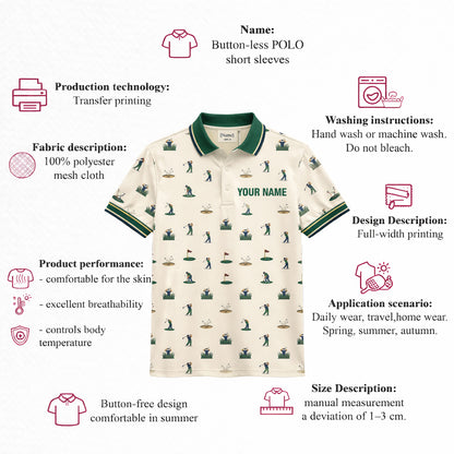 Vintage Golfer Pattern Custom Name Polo Cream Green