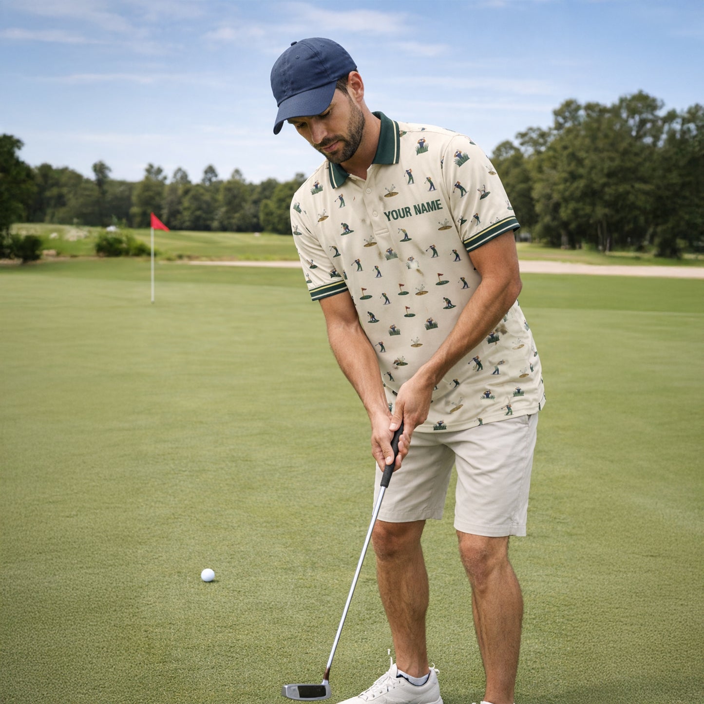 Vintage Golfer Pattern Custom Name Polo Cream Green