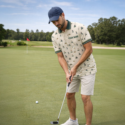 Vintage Golfer Pattern Custom Name Polo Cream Green