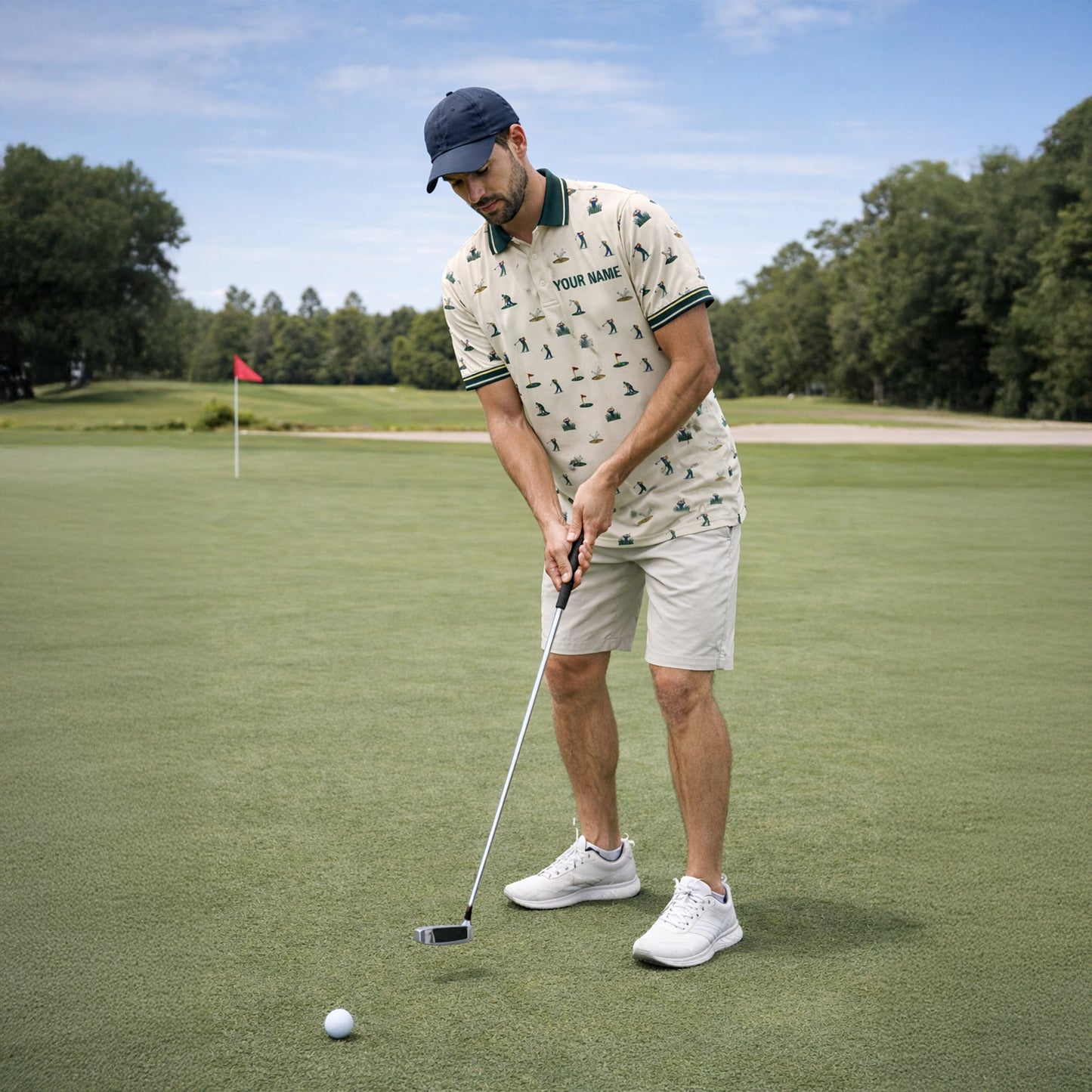 Vintage Golfer Pattern Custom Name Polo Cream Green