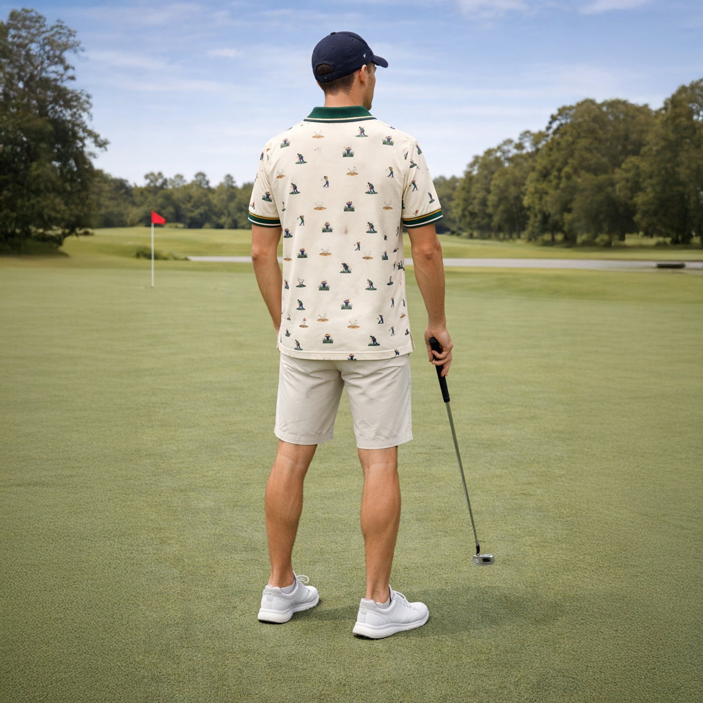 Vintage Golfer Pattern Custom Name Polo Cream Green