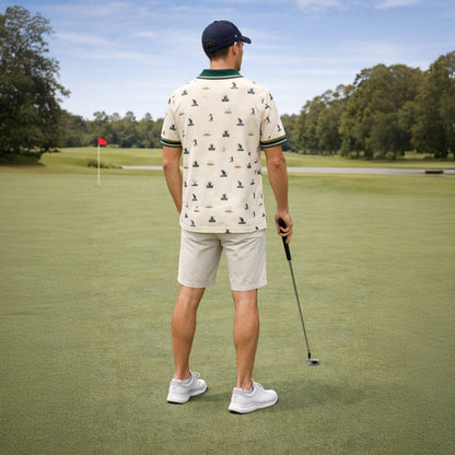 Vintage Golfer Pattern Custom Name Polo Cream Green