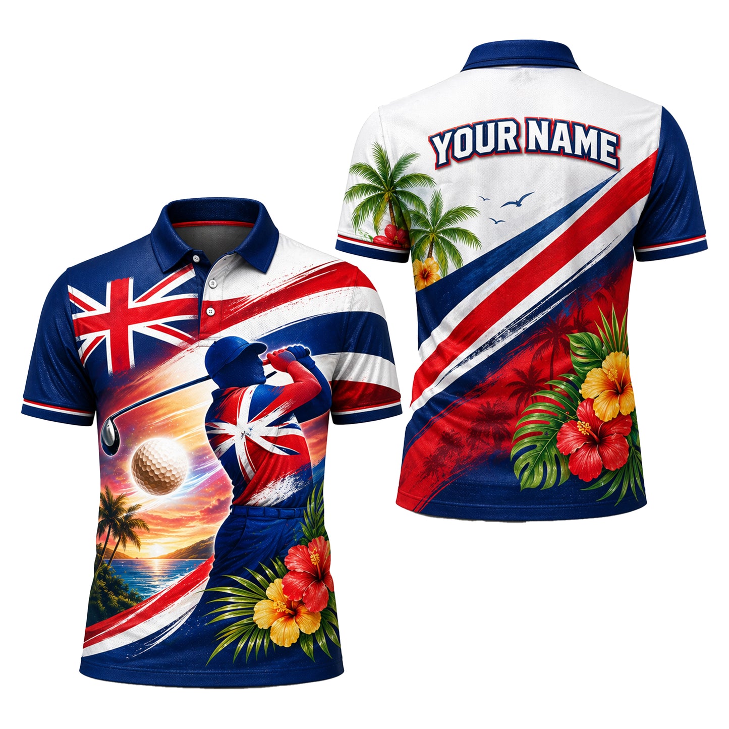 Hawaii Flag Tropical Golfer Custom Name Polo Sunset