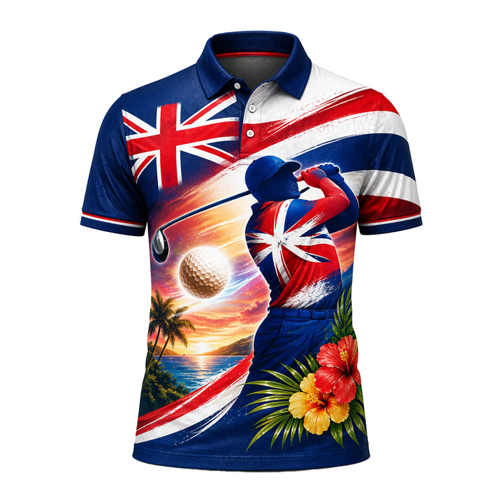 Hawaii Flag Tropical Golfer Custom Name Polo Sunset