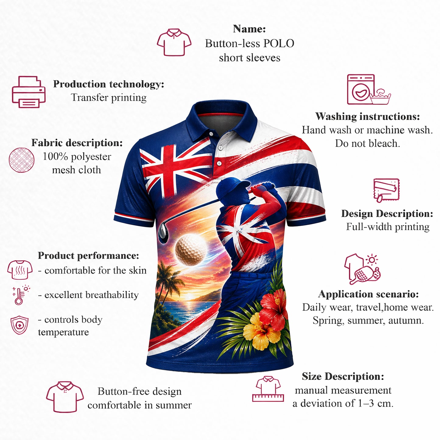 Hawaii Flag Tropical Golfer Custom Name Polo Sunset