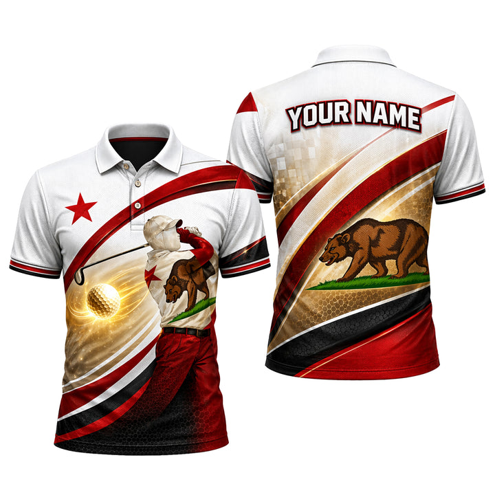 California Bear Golfer Custom Name Polo White Red Gold