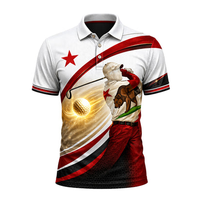 California Bear Golfer Custom Name Polo White Red Gold