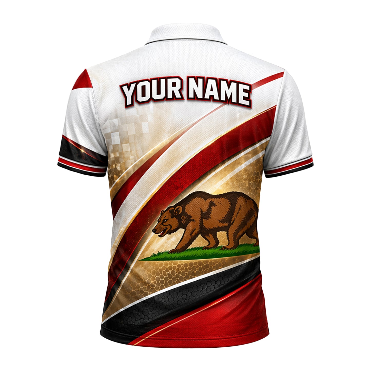 California Bear Golfer Custom Name Polo White Red Gold