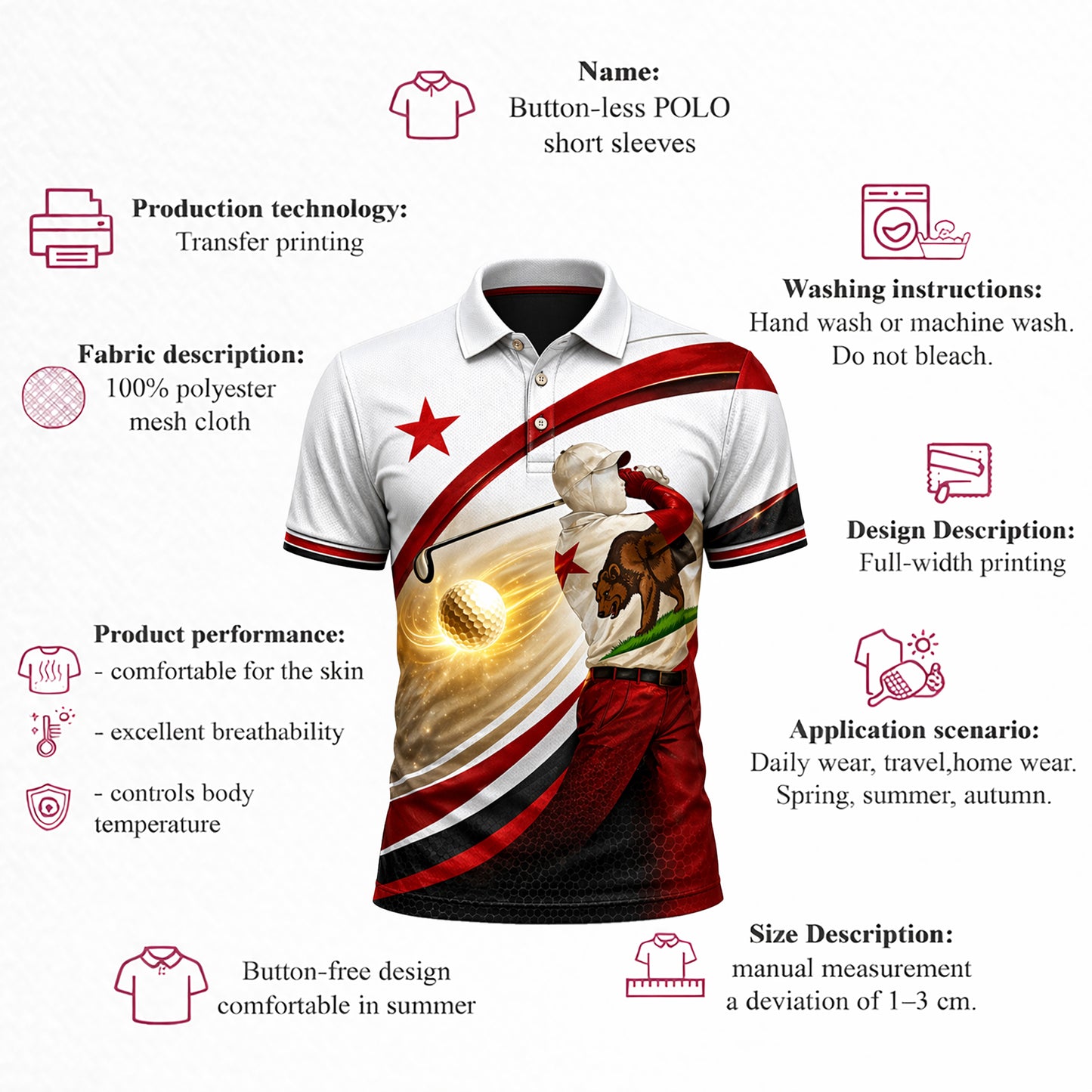 California Bear Golfer Custom Name Polo White Red Gold