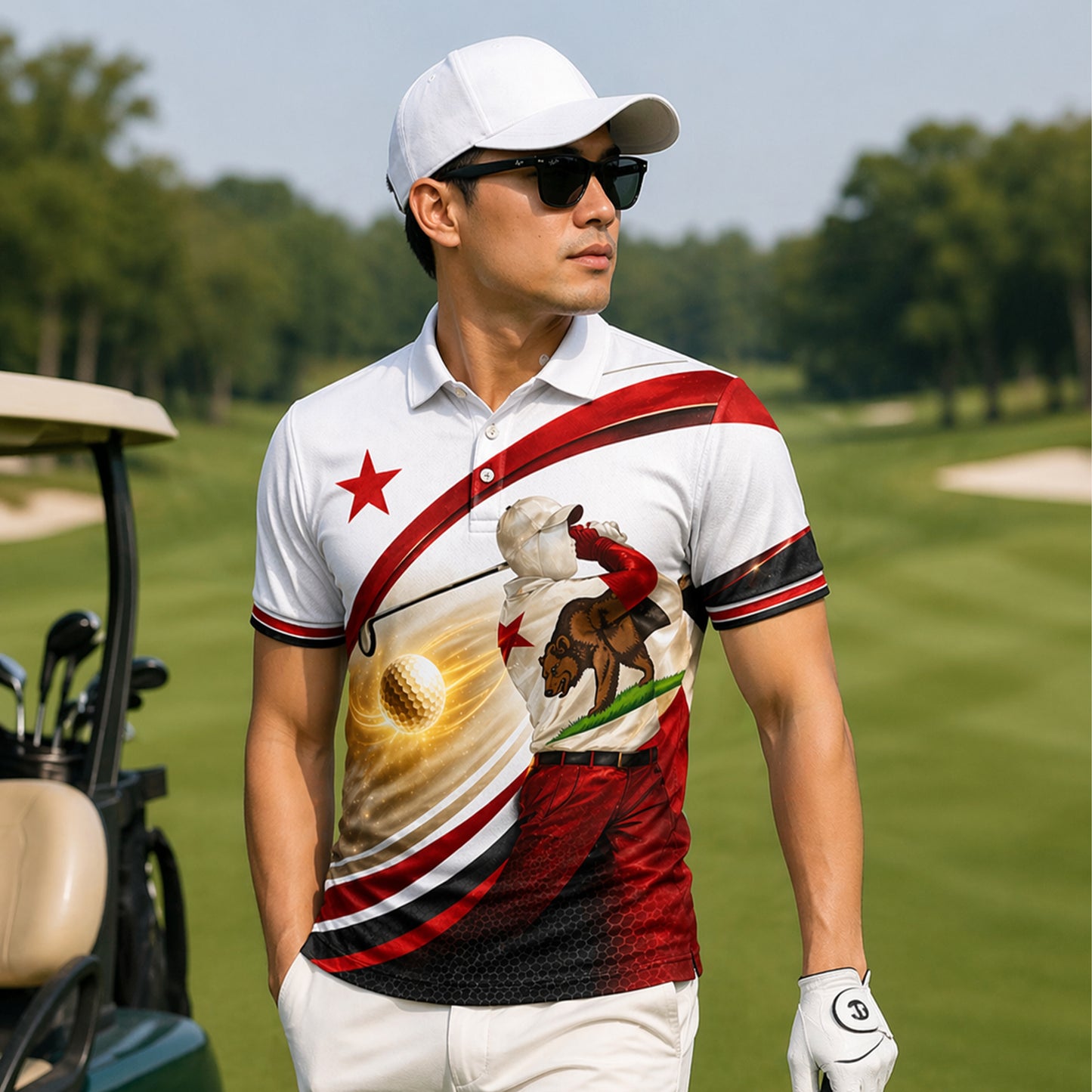 California Bear Golfer Custom Name Polo White Red Gold