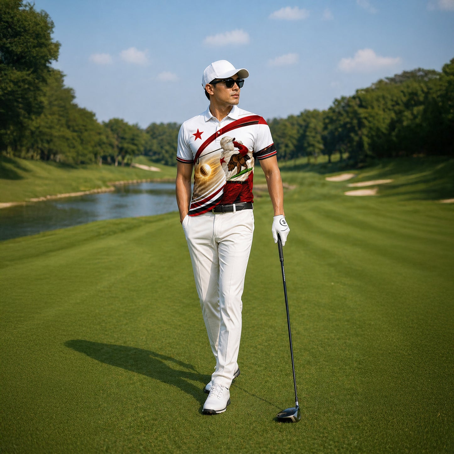 California Bear Golfer Custom Name Polo White Red Gold